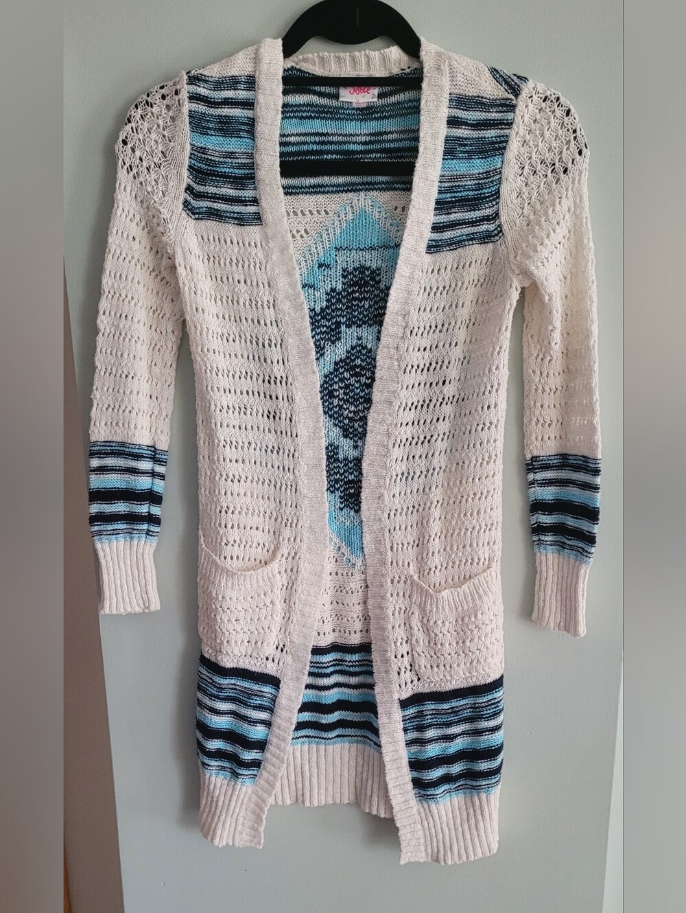 Open front Knit Cardigan Sweater with Blue Accent